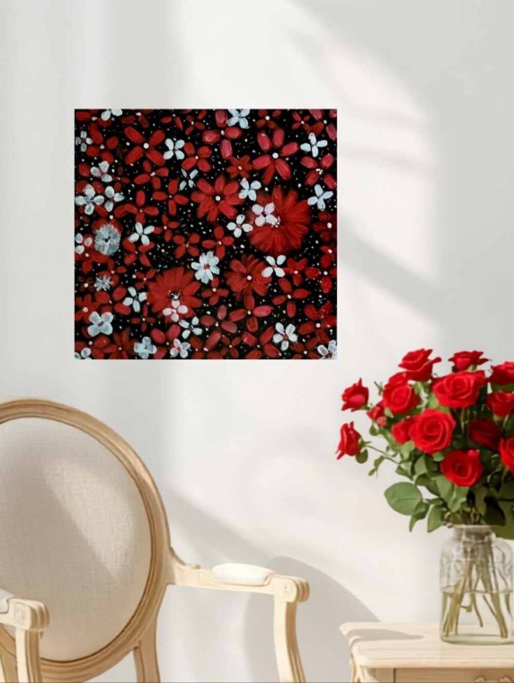 Hand Crafted Abstract Red White and Black 12x12 Inches Wall Art Canvas Painting